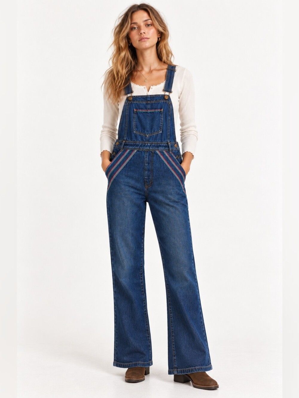Free People Chasing Rainbows Overalls Size 8 Denim Wide Leg Rainbow Trim